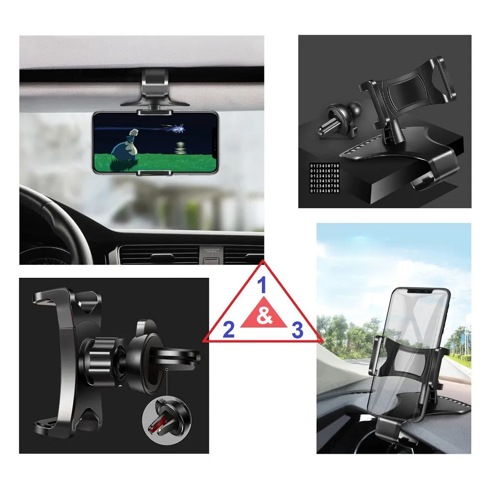 3 in 1 Car GPS Smartphone Holder: Dashboard / Visor Clamp   AC Grid Clip for Coolpad 5219, Blazers 4 - Black