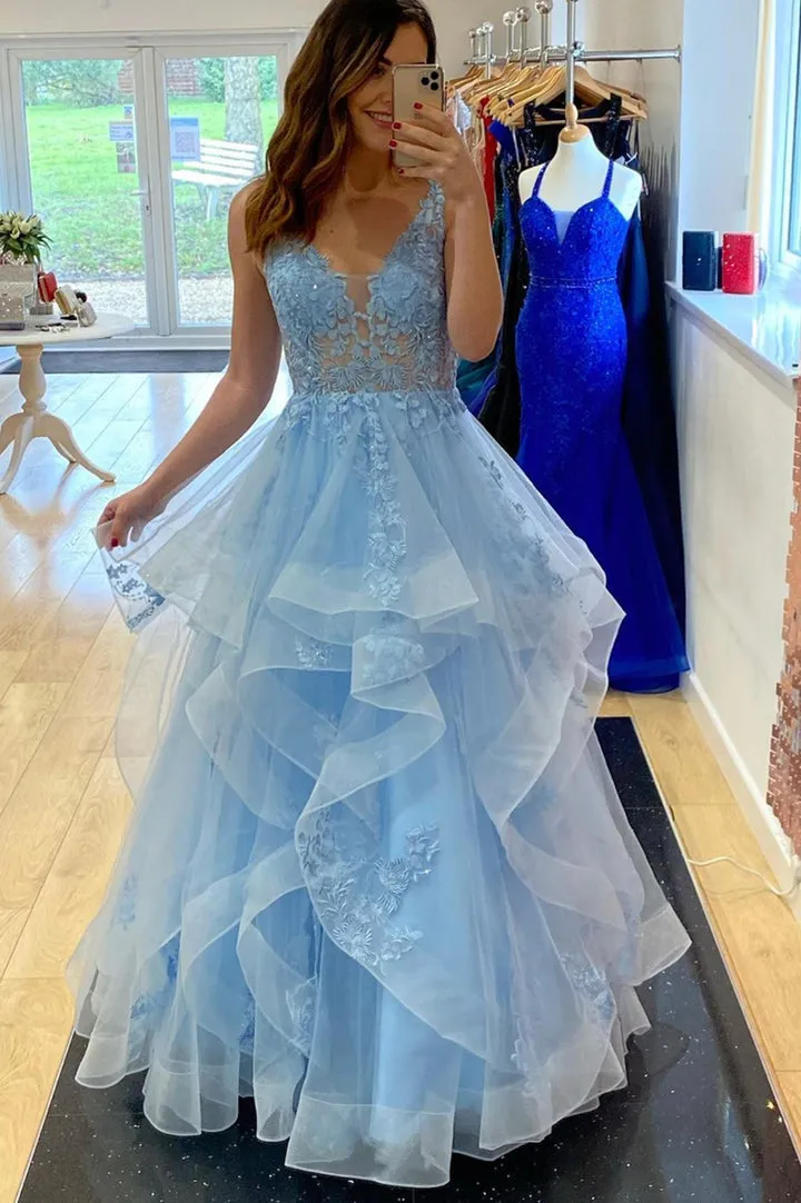 Blue V-Neck Lace Long Prom Dresses A-Line Blue Formal Evening Dresses Party Dress