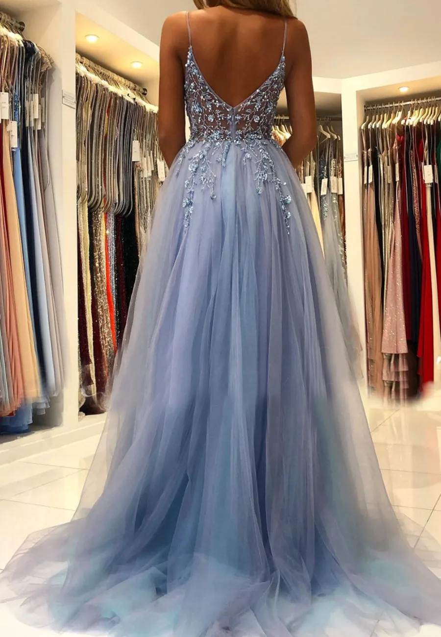 Blue V-Neck Tulle Beading Long Prom Dresses Graduation Dress Sexy Evening Dress