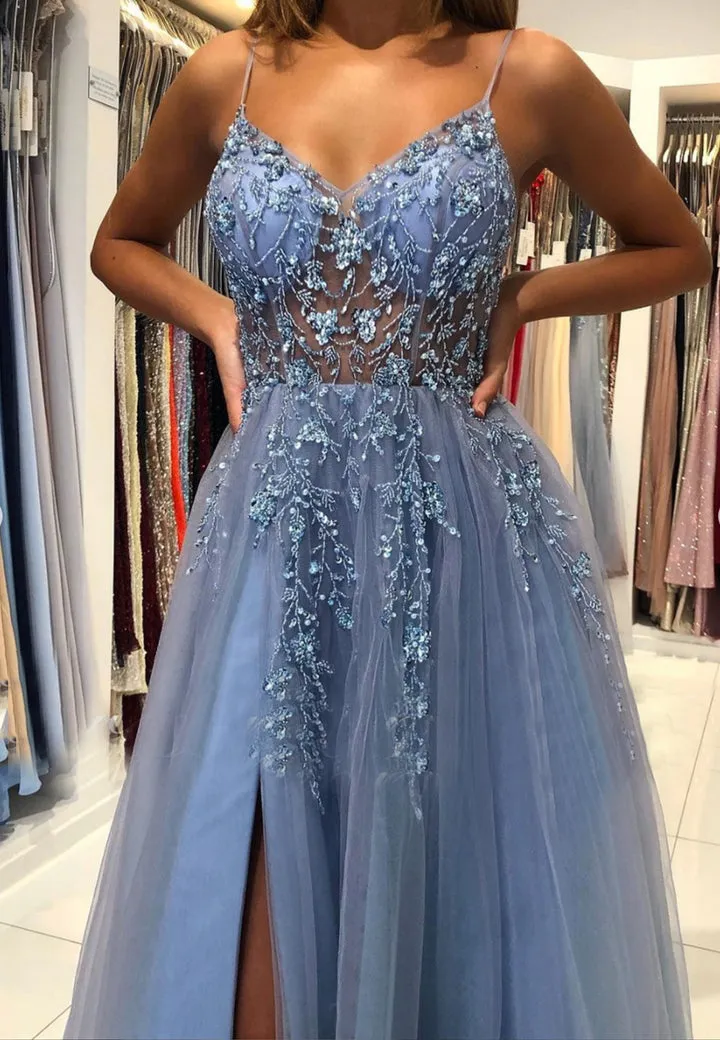 Blue V-Neck Tulle Beading Long Prom Dresses Graduation Dress Sexy Evening Dress