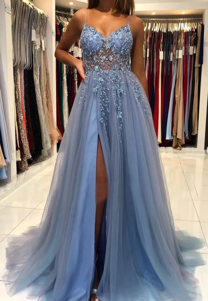 Blue V-Neck Tulle Beading Long Prom Dresses Graduation Dress Sexy Evening Dress