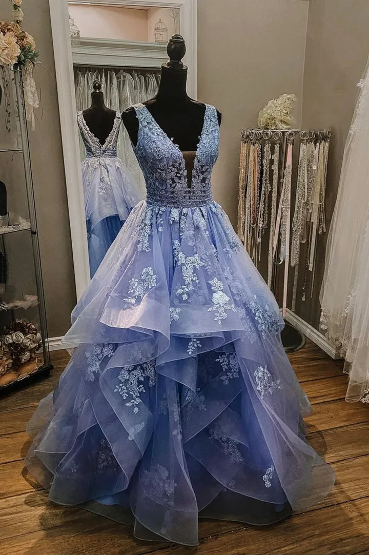 Blue V-Neck Tulle Lace Long Prom Dresses A-Line Evening Dresses Sexy