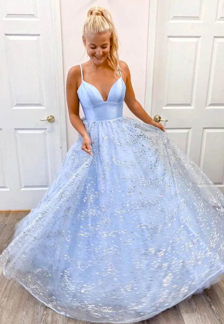 Blue V-Neck Tulle Long Prom Dresses A-Line Evening Dresses Sparkly