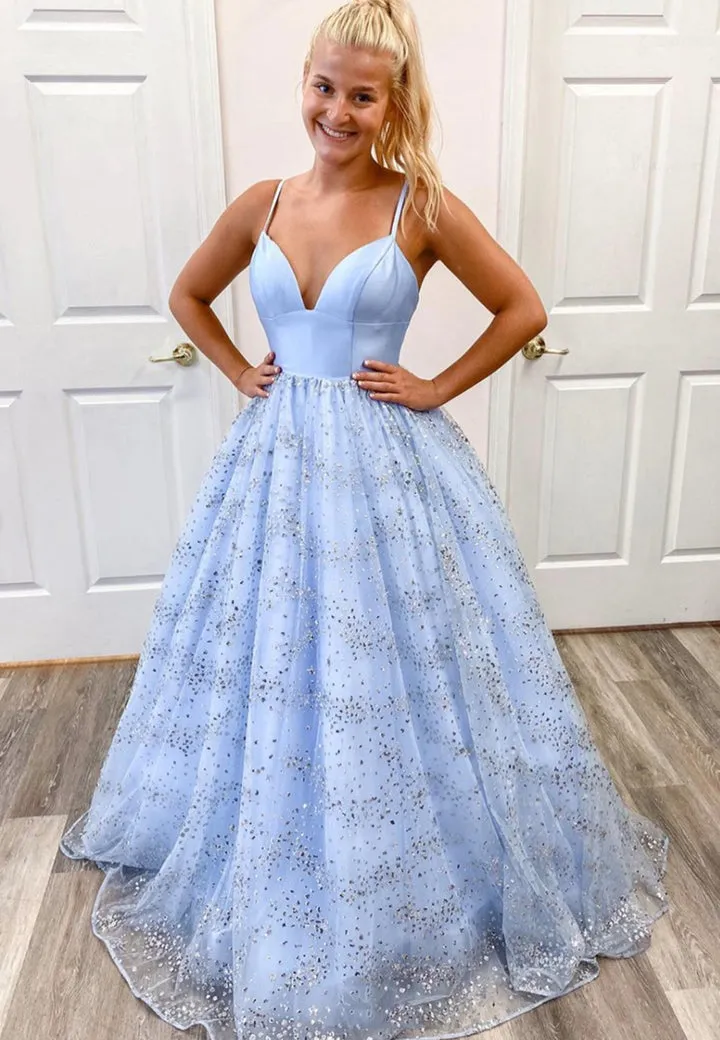Blue V-Neck Tulle Long Prom Dresses A-Line Evening Dresses Sparkly