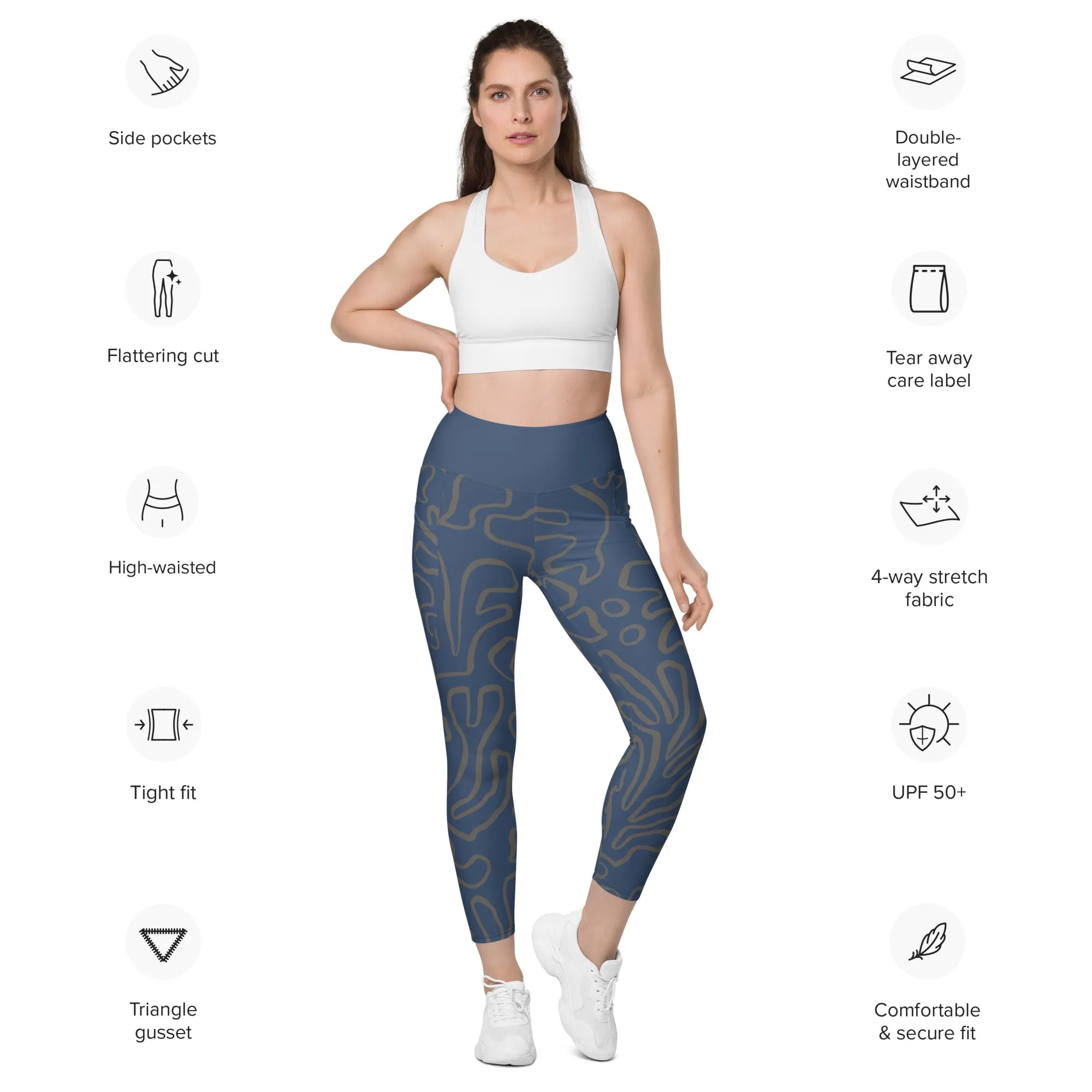 Bottom Time Eco-Friendly Dive Leggings, scuba pants with pockets, coral, blue, sets