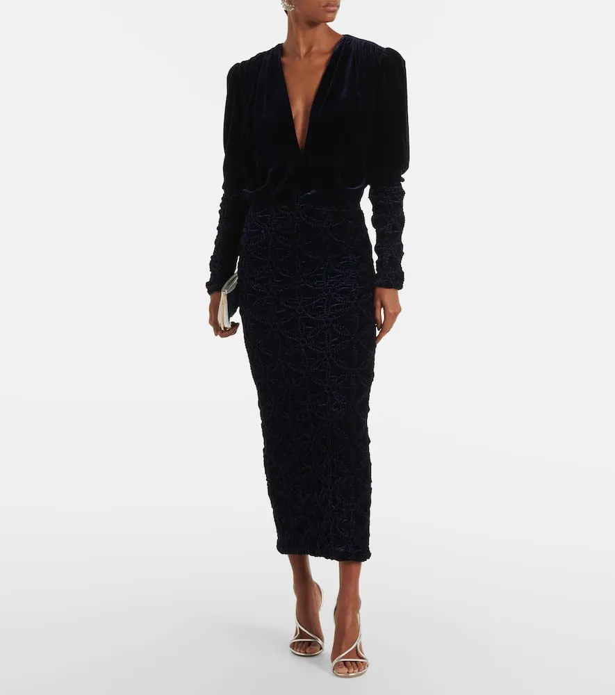 Costarellos Anglette smocked velvet maxi dress