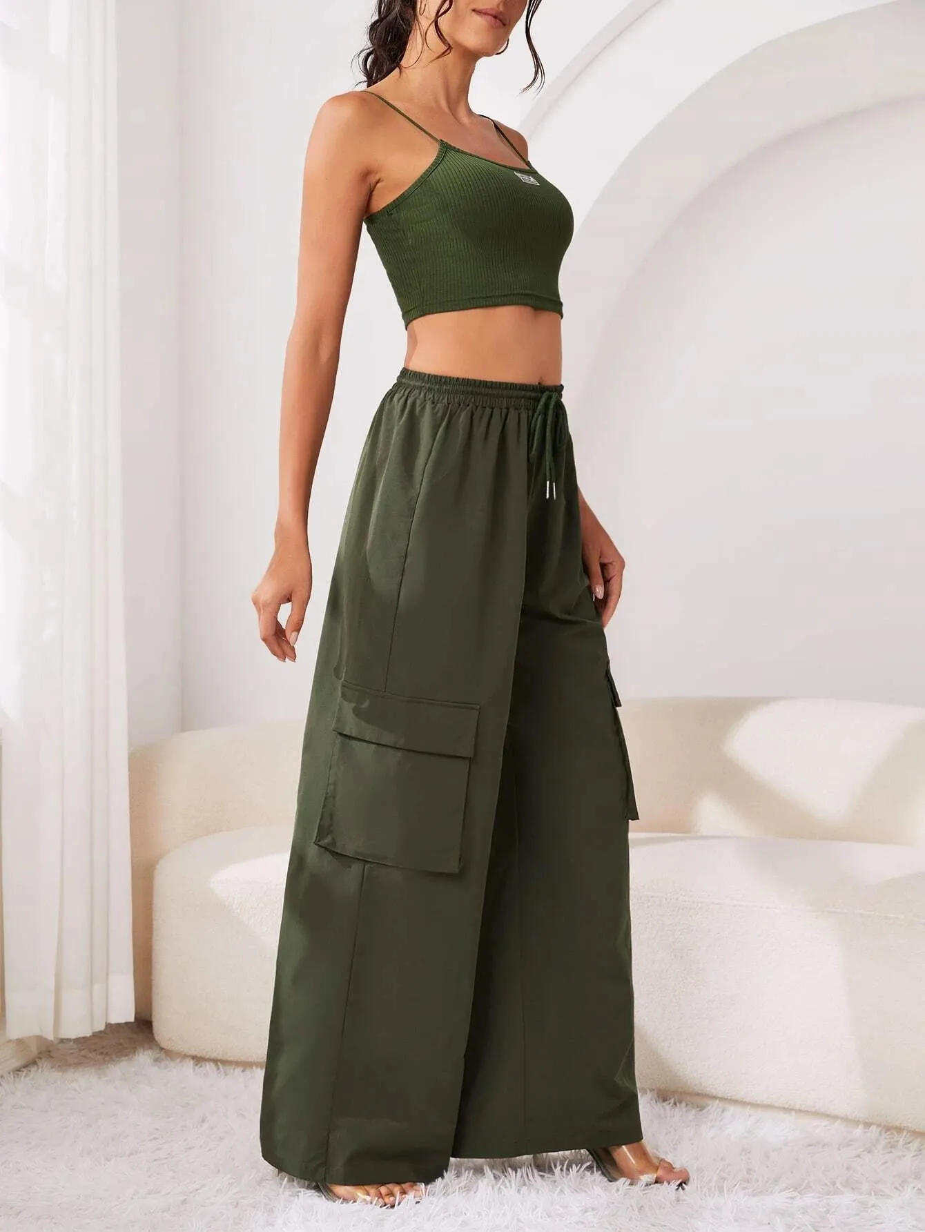 Crop Cami Top And Drawstring Cargo Pants