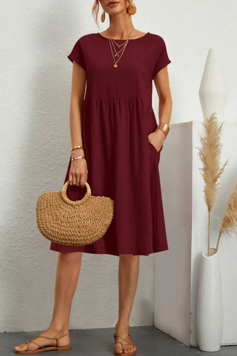 hulianfu Casual Solid Patchwork O Neck A Line Short Sleeve Dress(11 Colors)