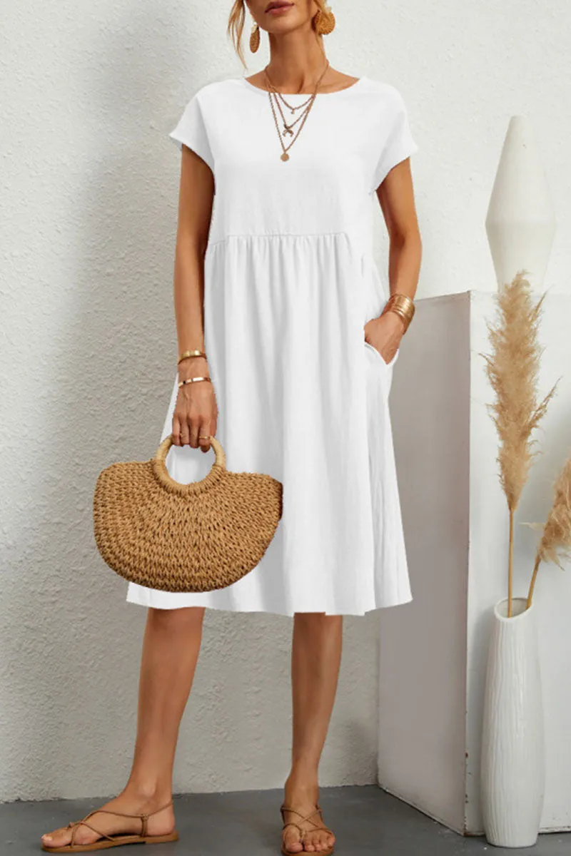 hulianfu Casual Solid Patchwork O Neck A Line Short Sleeve Dress(11 Colors)