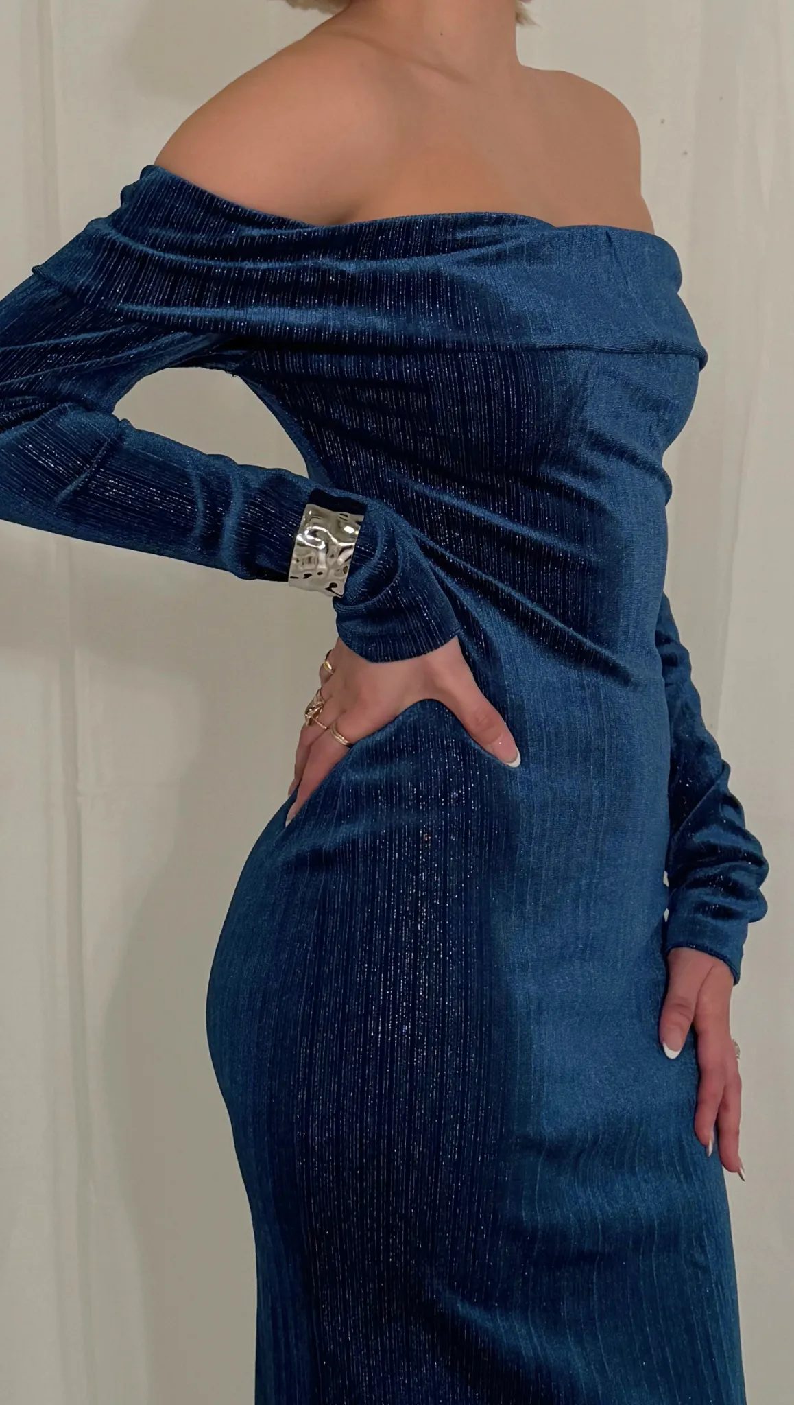Katana Off Shoulder Midi Dress - Dark Blue