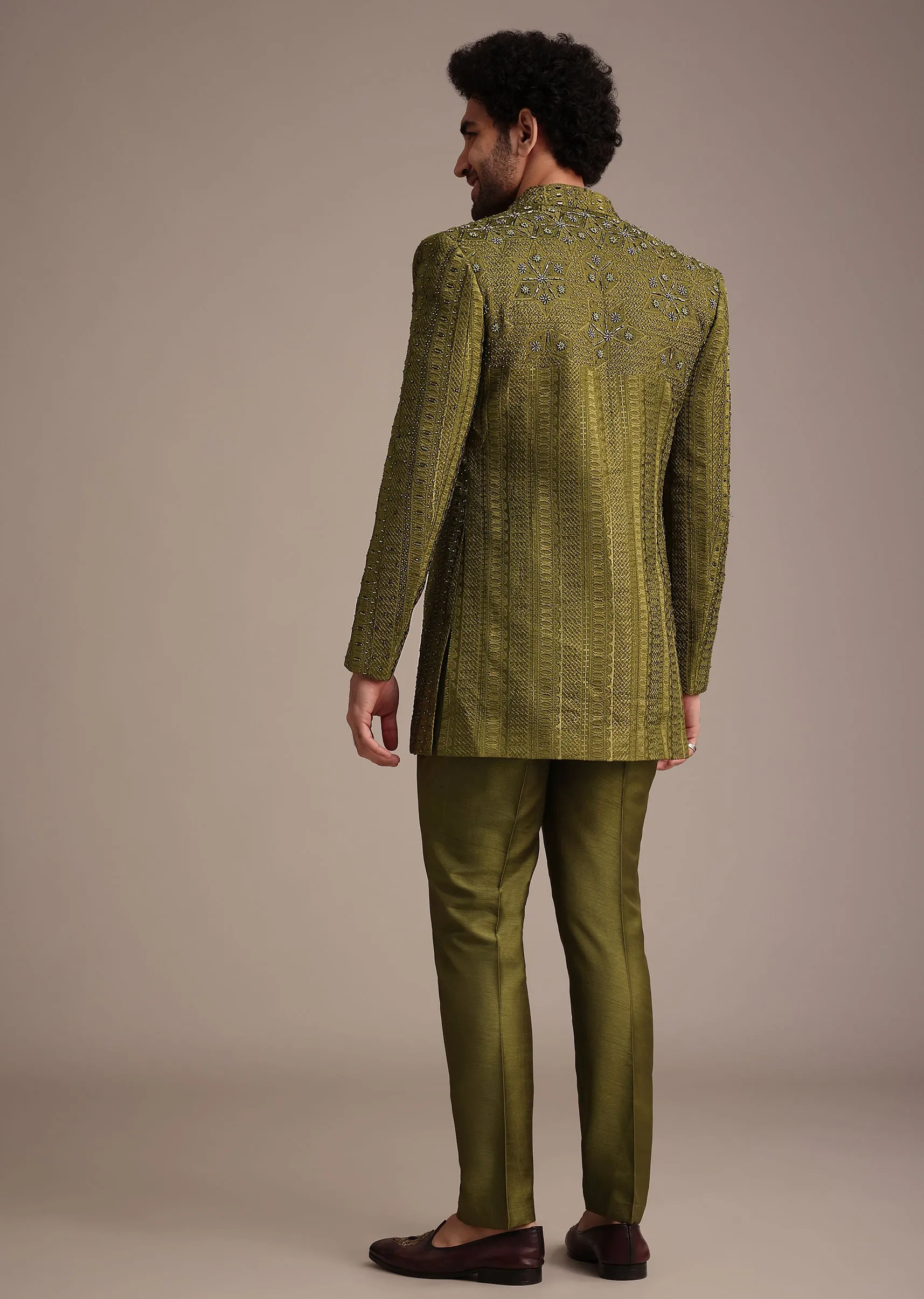 Mehendi Green Silk Zardosi Kurta Jacket Set