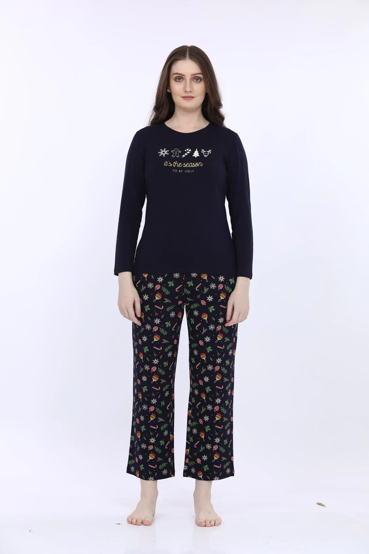 Navy Blue Cotton Printed T-Shirt With Pyjama