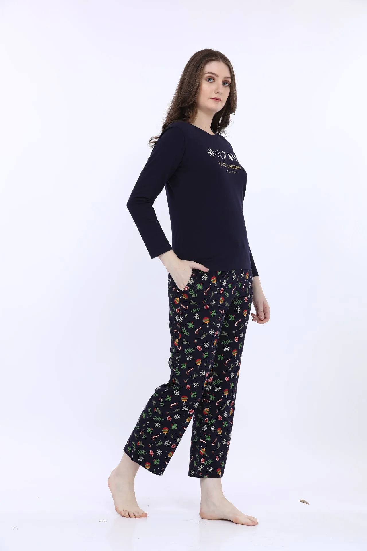 Navy Blue Cotton Printed T-Shirt With Pyjama