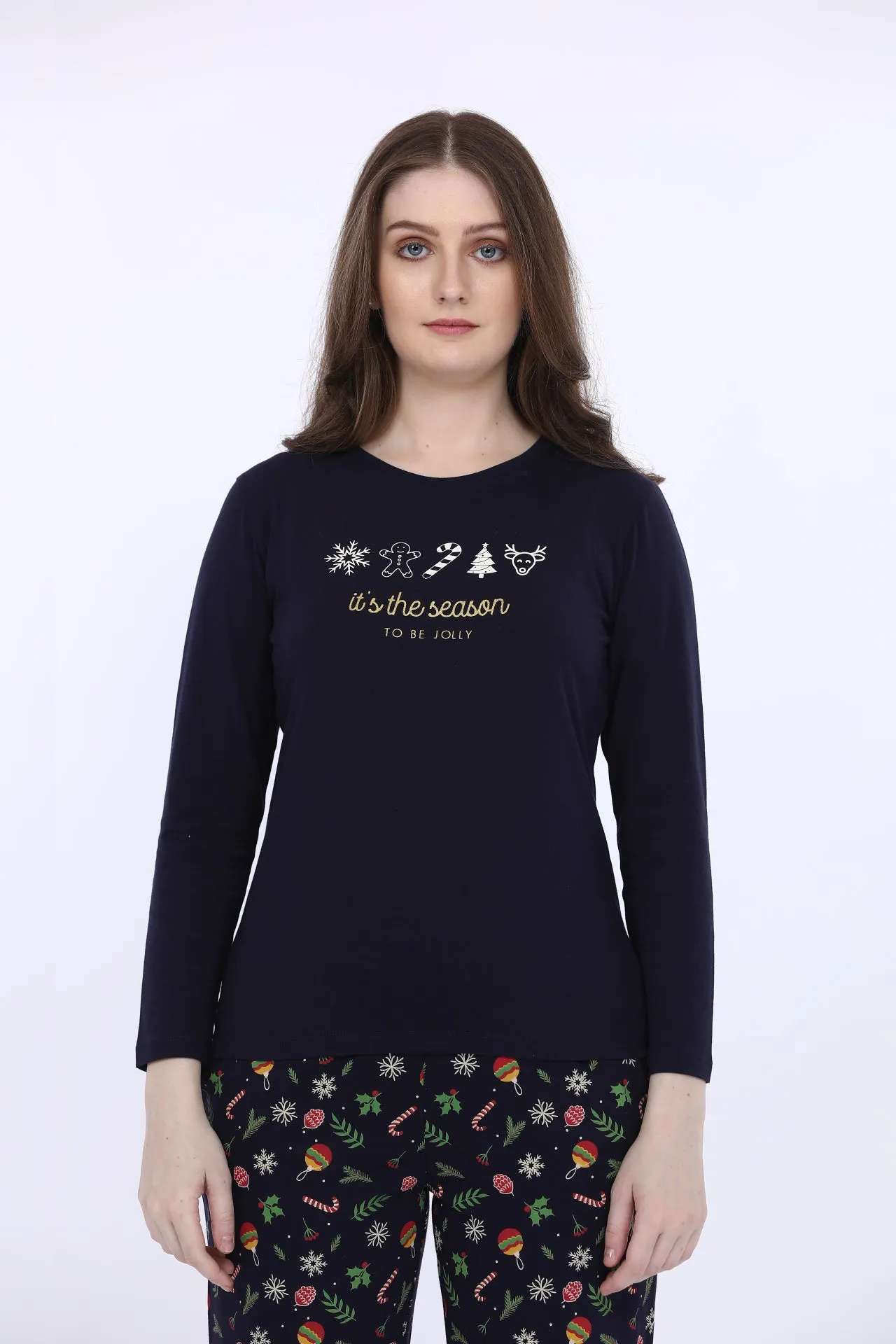 Navy Blue Cotton Printed T-Shirt With Pyjama