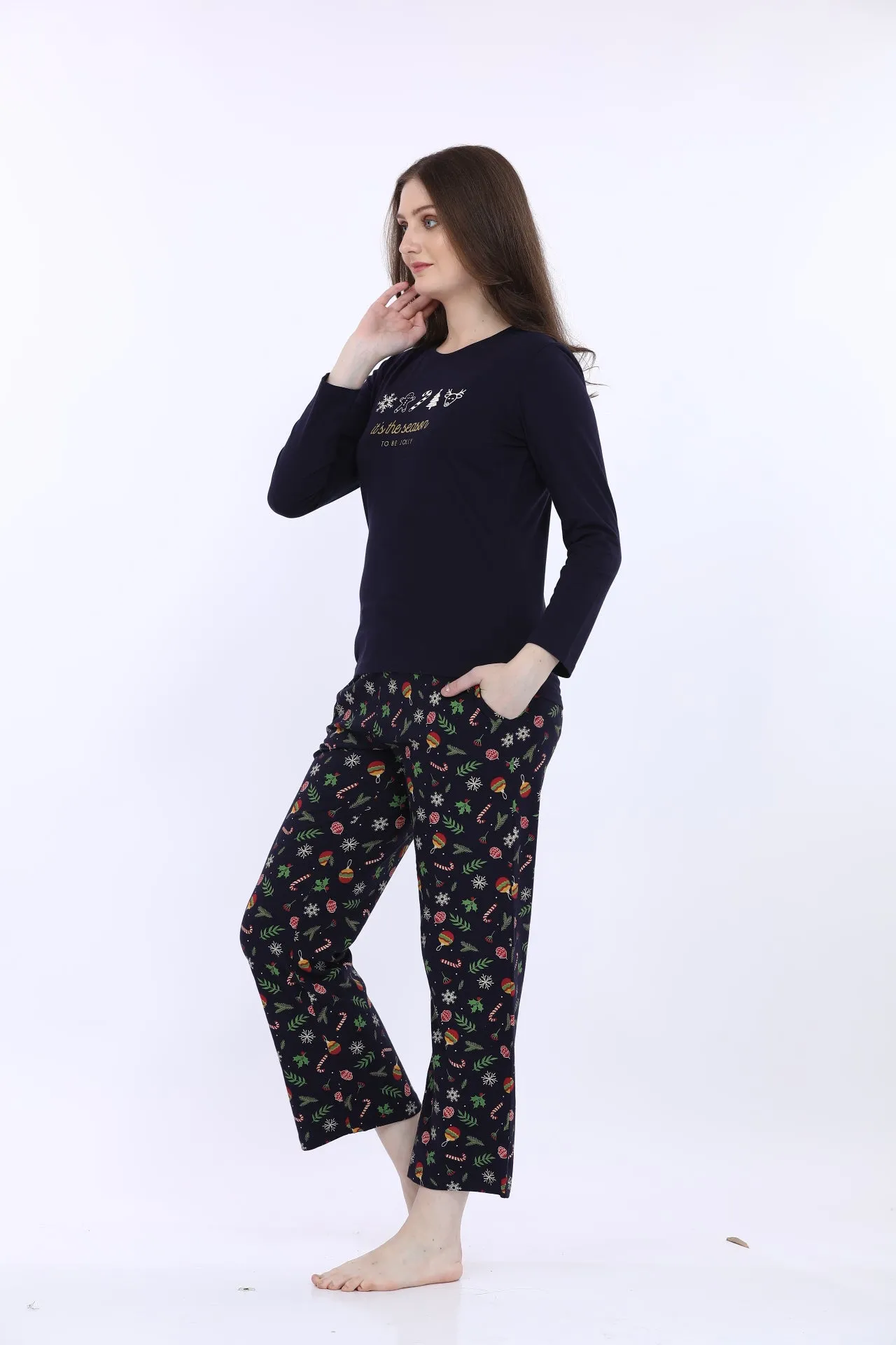 Navy Blue Cotton Printed T-Shirt With Pyjama
