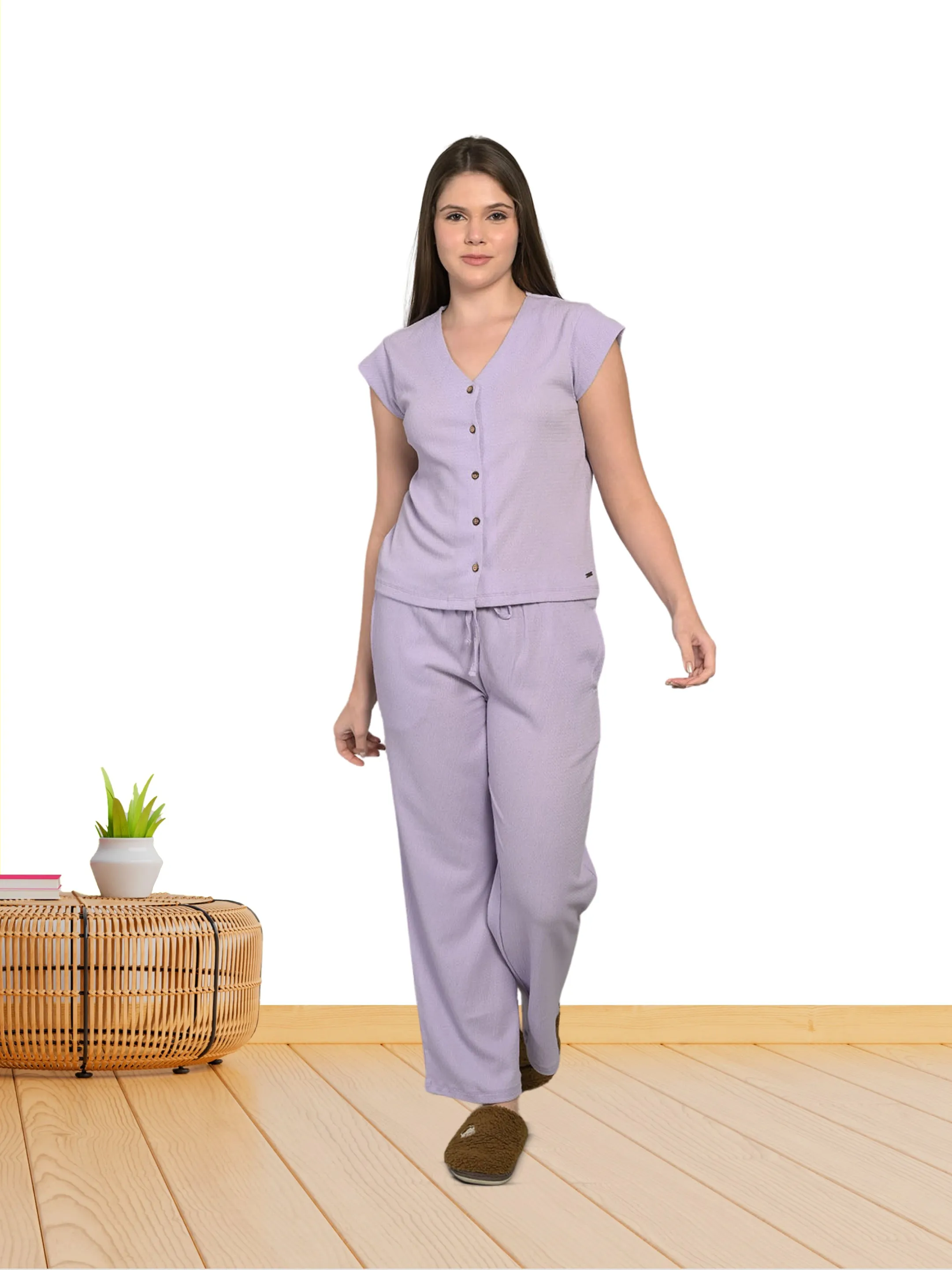 Purple Solid Poly Top & Pyjama Set