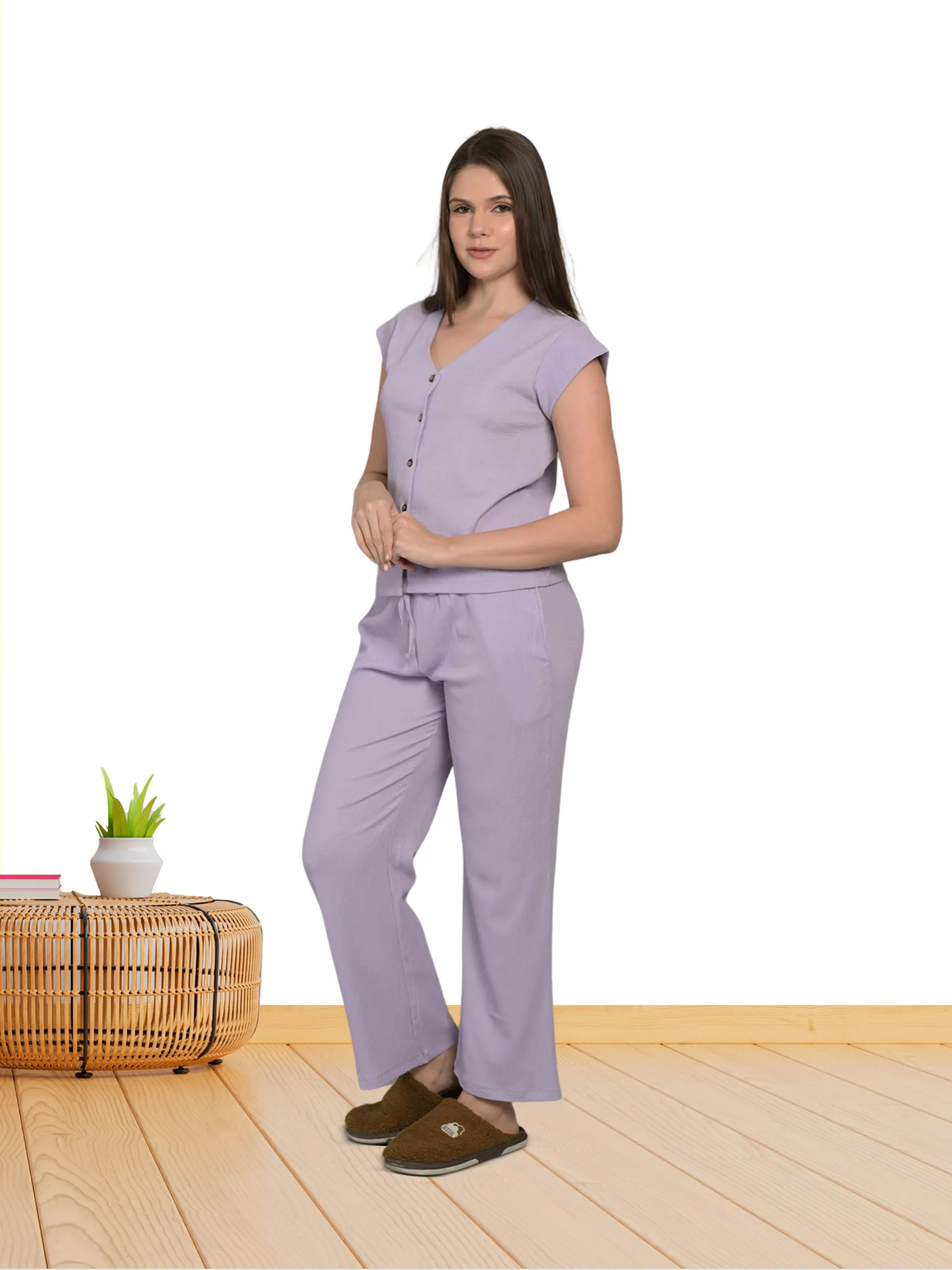 Purple Solid Poly Top & Pyjama Set