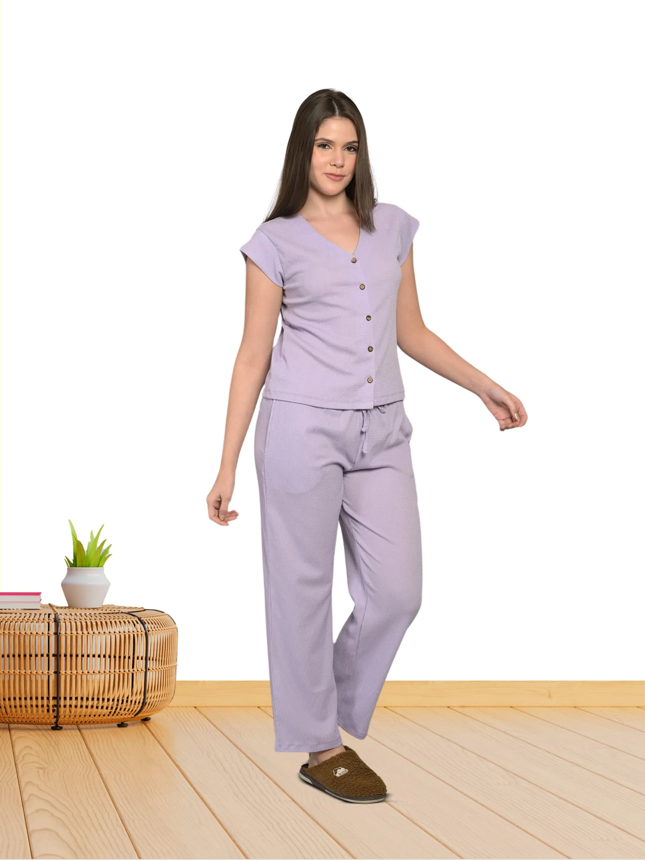 Purple Solid Poly Top & Pyjama Set