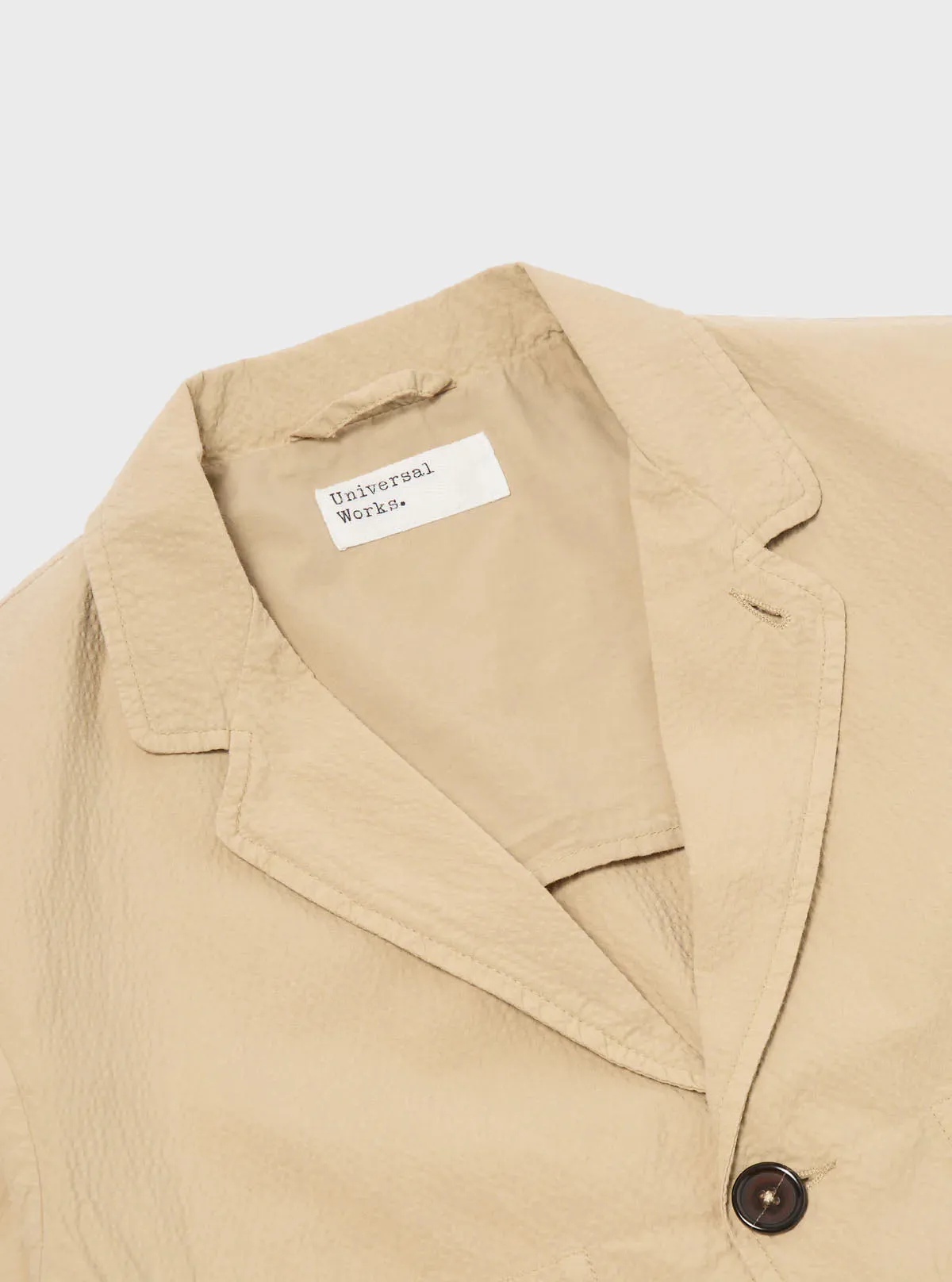 Universal Works Five Pocket Jacket in Sand Seersucker ii
