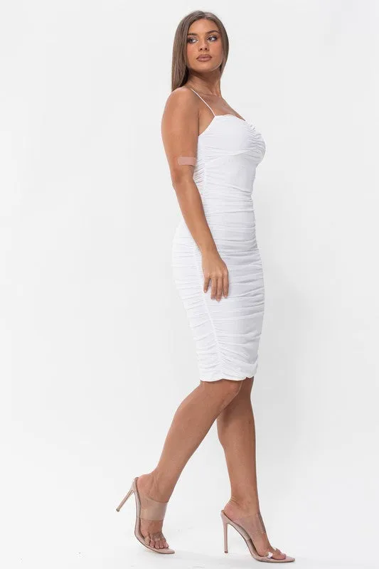 White Ruched Shirring Mesh Midi Dress