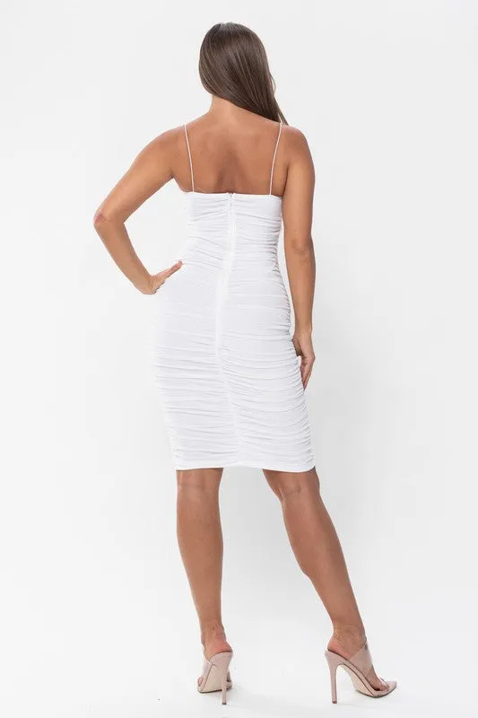 White Ruched Shirring Mesh Midi Dress