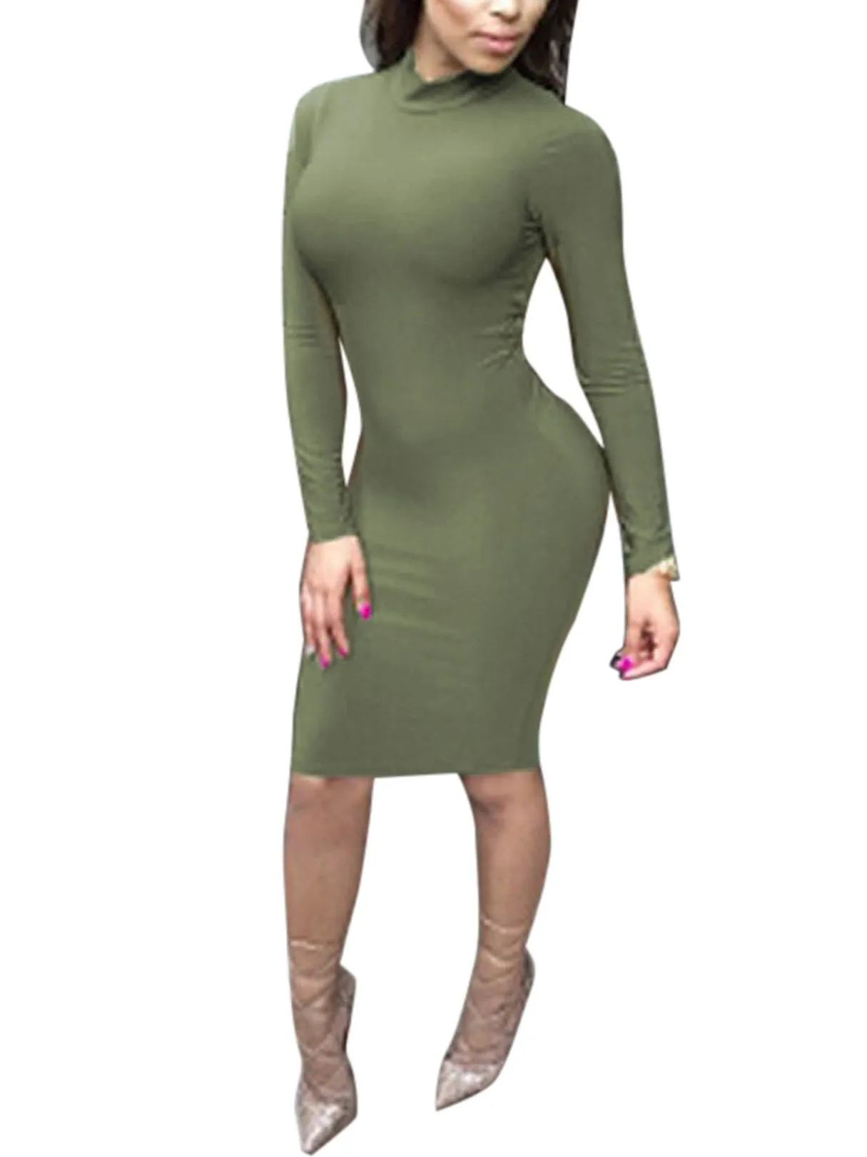 Wholesale Army Green Long Sleeve Midi Dress