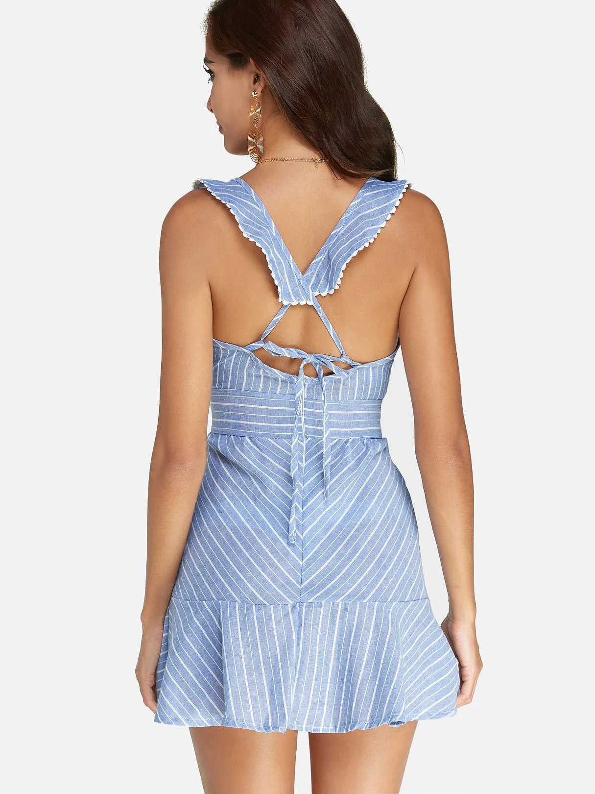 Wholesale Light Blue Deep V Neck Sleeveless Stripe Zip Back Backless Lace-Up Flounced Hem Dresses