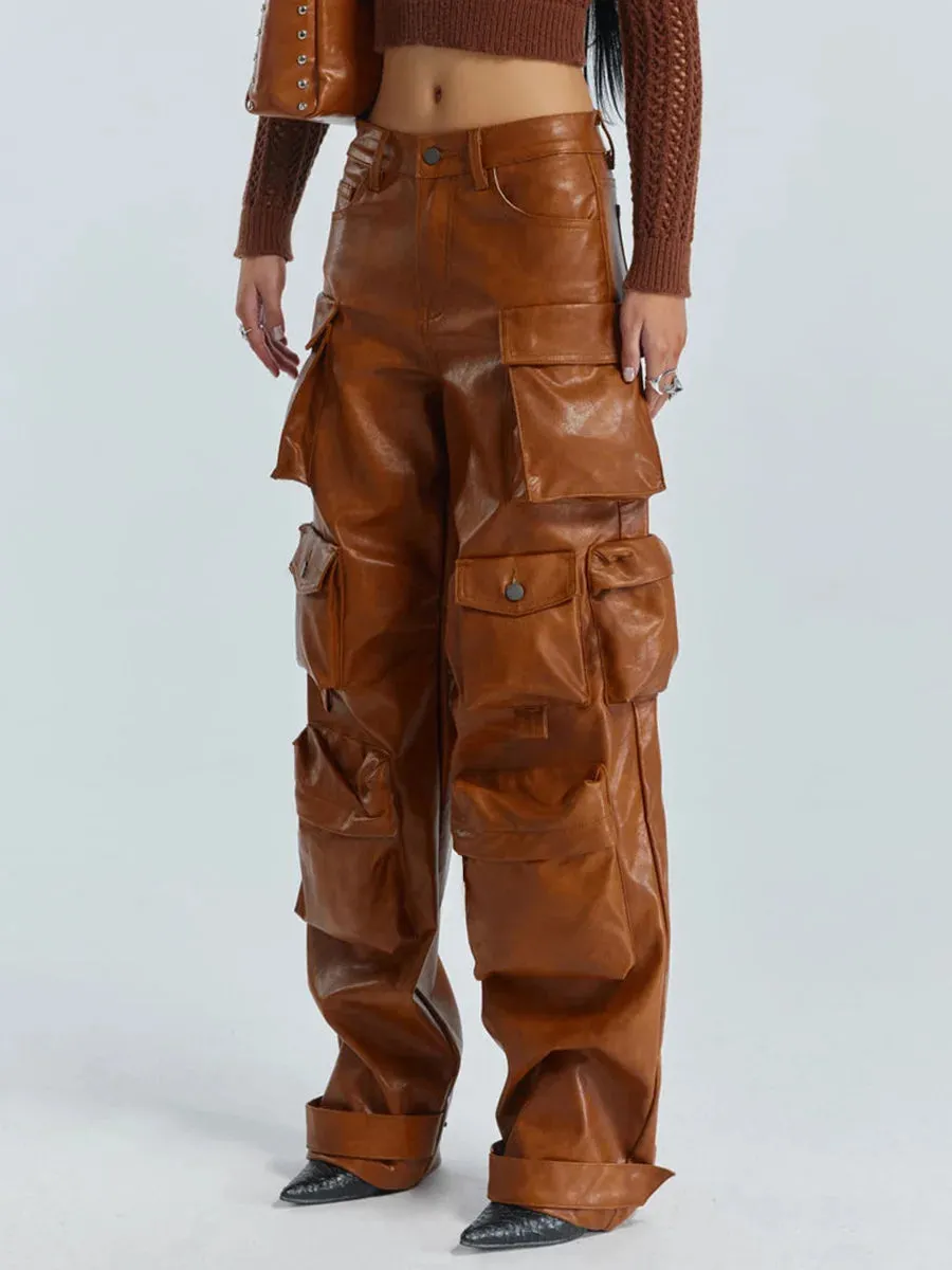 Women Leather Pants Multi Pockets High Waist Trousers Loose Casual All Match Long PU Cargo Pants