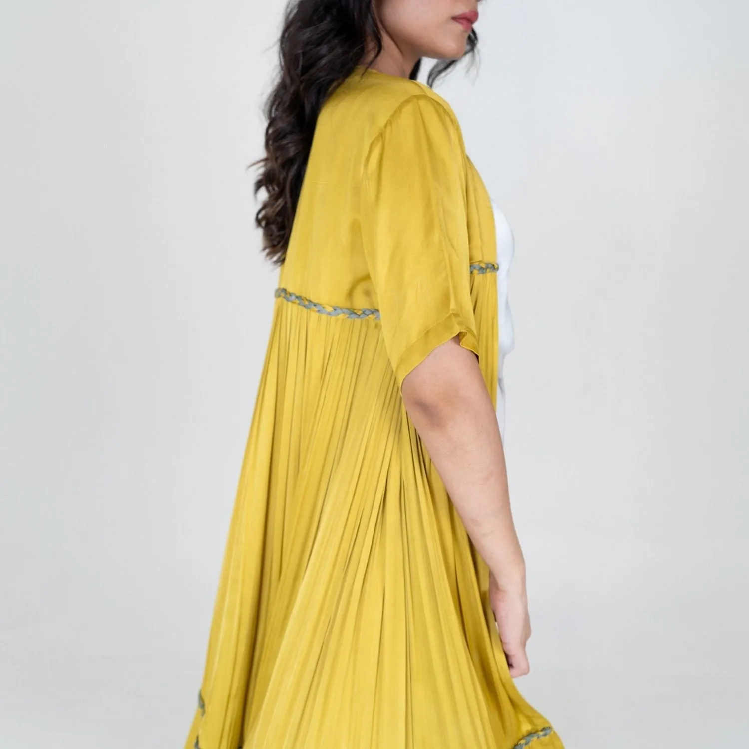 Yellow-Green Braided Gather Long Cape  | Modal | Effortless style