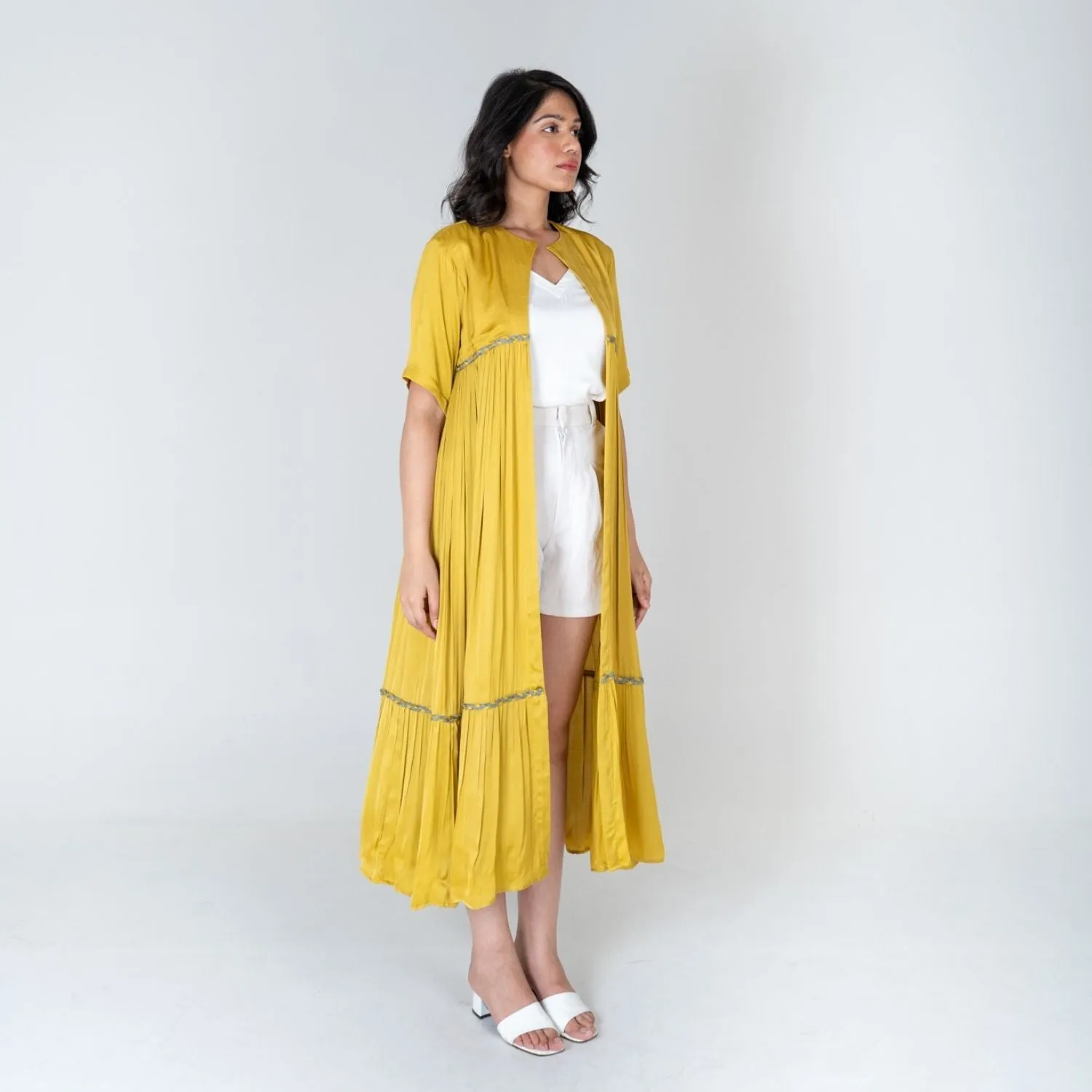 Yellow-Green Braided Gather Long Cape  | Modal | Effortless style