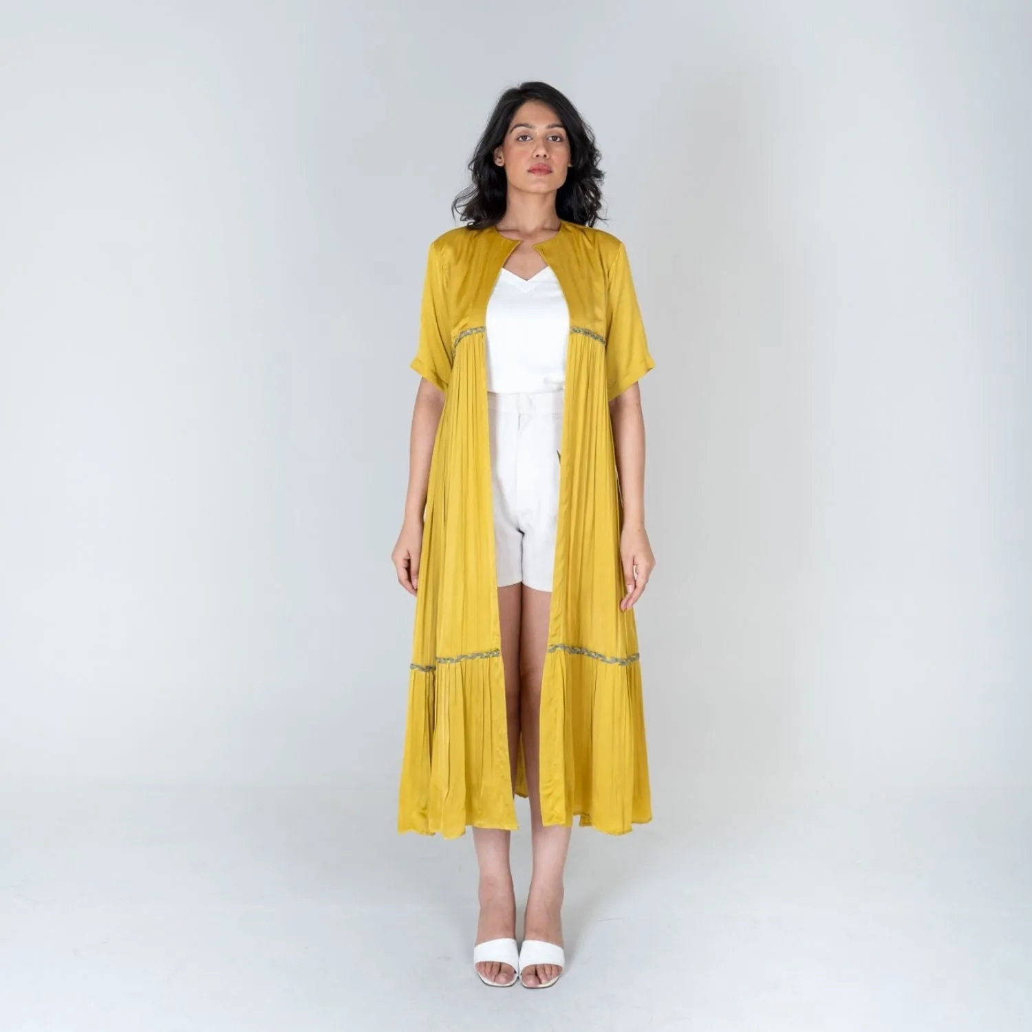 Yellow-Green Braided Gather Long Cape  | Modal | Effortless style